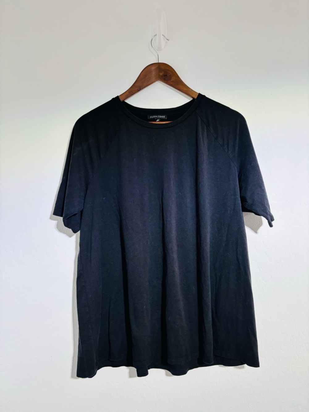 Eileen Fisher Black Stretch Knit Top Short Sleeve Relaxed Minimalist